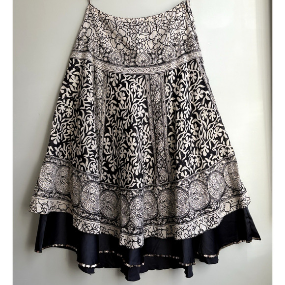 Soft Surroundings Boho Maxi Skirt Black Beige Gold Sequins Bird Medallion PM - Picture 8 of 12